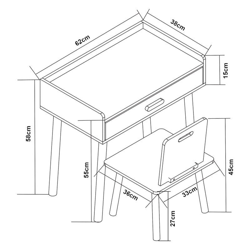 Schizzo in scala Set Skjervøy Tavolo e Sedia per Bimbi - Legno Naturale / Bianco [en.casa] 