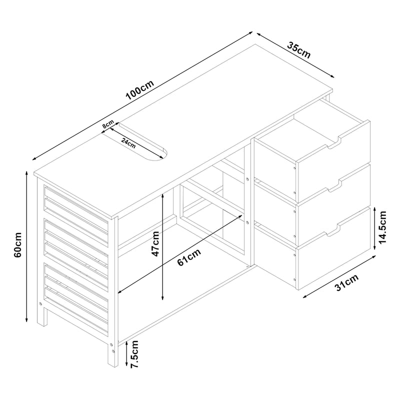 Schizzo in scala Mobile Sottolavabo Boksereys con Scomparto Chiuso e 3 Cassetti 60 x 100 x 35 cm - Bambù Naturale [en.casa] 