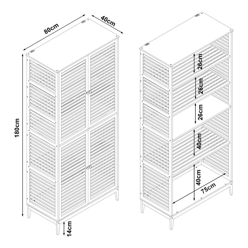 Schizzo in scala Armadio Alto Raurgela Multiuso Mobile da Terra per Bagno Cucina 180 x 80 x 40 cm - Bambù Naturale [en.casa]