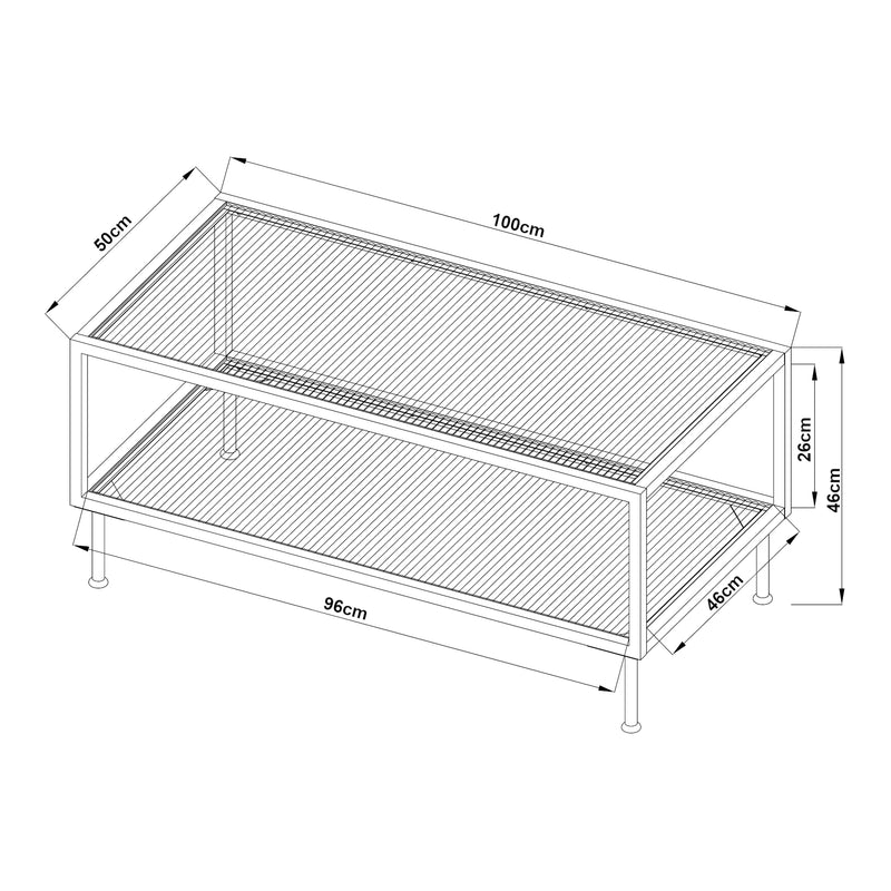 Schizzo in scala Tavolino Centrale da Salotto Lindau in Acciaio Piani in Vetro 100x50x46 cm Bianco Crema [en.casa]