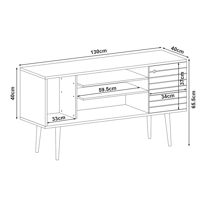 Schizzo in scala Mobile TV Vare con Anta e Scomparti Aperti 130 x 40 x 66 cm - Bianco [en.casa]