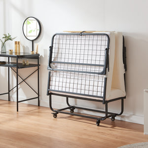 Letto pieghevole in metallo Lustendi con materasso 200x90cm Nero/effetto quercia [en.casa]