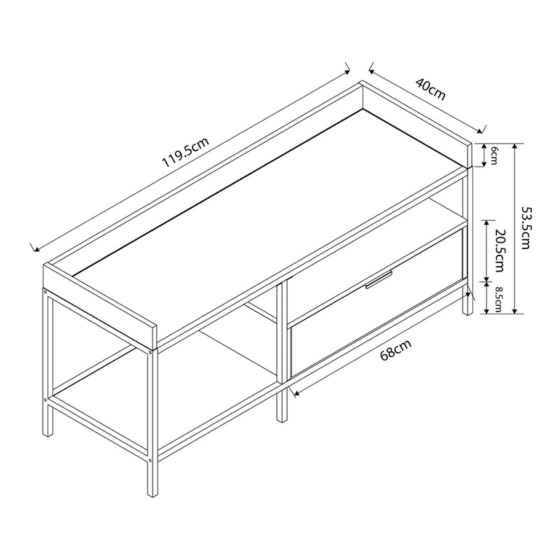 Schizzo in scala Mobile Porta TV Belana con Cassetto e 2 Scomparti Aperti 120 x 40 x 54 cm - Nero/Effetto Rovere [en.casa]