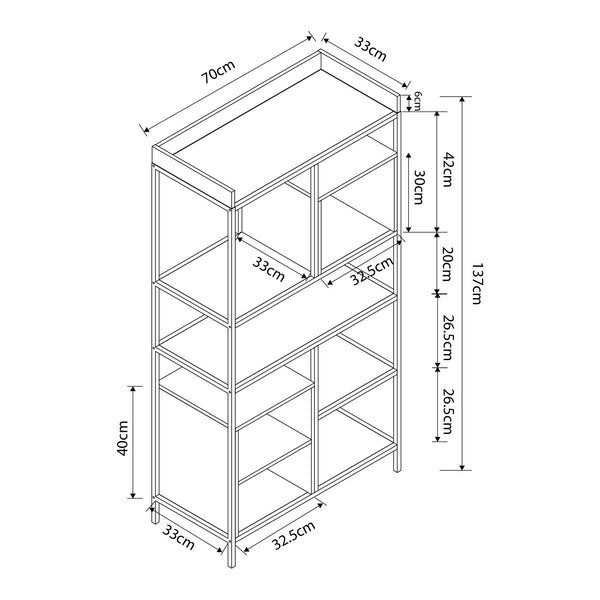Libreria Belana Scaffale da Terra con Scomparti Aperti 137 x 70 x 33 cm - Nero/Effetto Rovere [en.casa]

