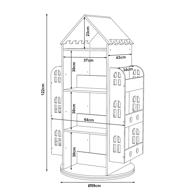 Schizzo in scala Libreria Girevole per Cameretta Sanköre Scaffale Rotante Design Casetta 122x64x43 cm Legno Naturale [en.casa] 