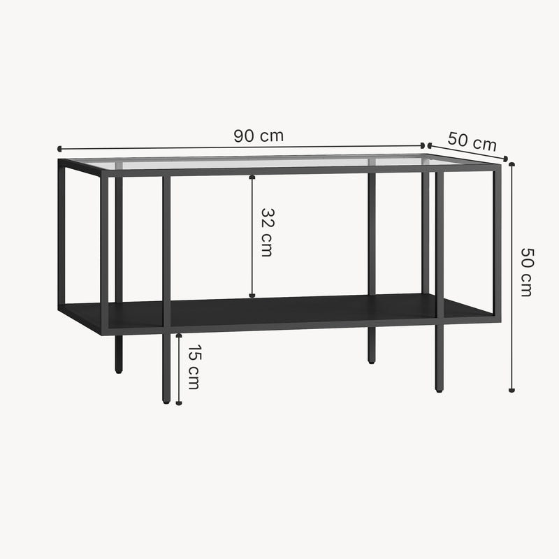 Schizzo in scala Tavolino Centrale da Salotto Nynna con Piano in Vetro 90 x 50 x 50cm Nero [en.casa]