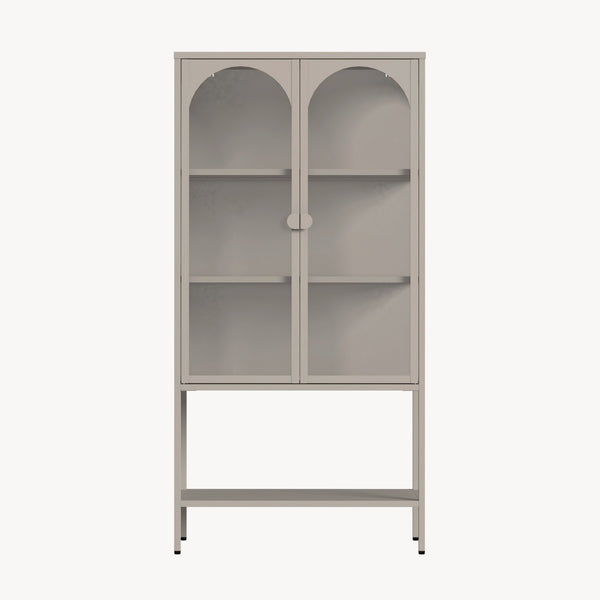 Vetrina Klippestad Credenza Alta a 2 Ante in Vetro e Ripiano Aperto 160 x 80 x 35 cm - Grigio Caldo [en.casa]