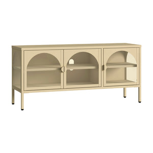Vetrina Bassa Klippestad a 3 Ante in Vetro Credenza con 4 Scomparti 118 x 35 x 55 cm - Color Cammello [en.casa]

