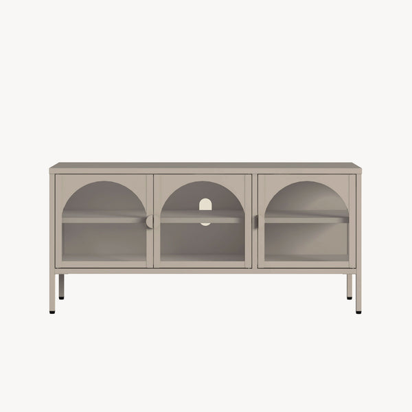 Vetrina Bassa Klippestad a 3 Ante in Vetro Credenza con 4 Scomparti 118 x 35 x 55 cm - Grigio Caldo [en.casa]

