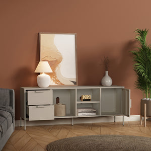 Mobile TV Kliri con 2 Cassetti Scomparti e Anta 150 x 35 x 58 cm in Acciaio - Color Cammello [en.casa]