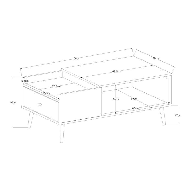 Schizzo in scala Tavolino Basso da Salotto Hallevil con Cassetto e Vano Aperto 106 x 59 x 44 cm - Bianco [en.casa]