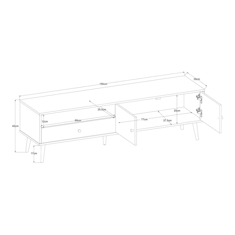 Schizzo in scala Mobile Porta TV Hallevil con Cassetto e 2 Ante 150x39x45 cm - Grigio chiaro [en.casa]