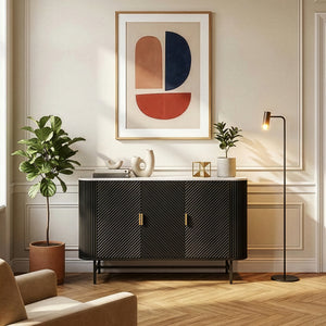 Mobile Contenitore Olvehok a 3 Ante Credenza con 4 Scomparti 110 x 40 x 77 cm - Nero / Effetto Marmo Bianco [en.casa]
