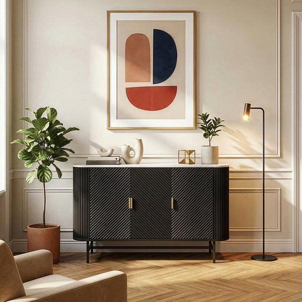 Mobile Contenitore Olvehok a 3 Ante Credenza con 4 Scomparti 110 x 40 x 77 cm - Nero / Effetto Marmo Bianco [en.casa]