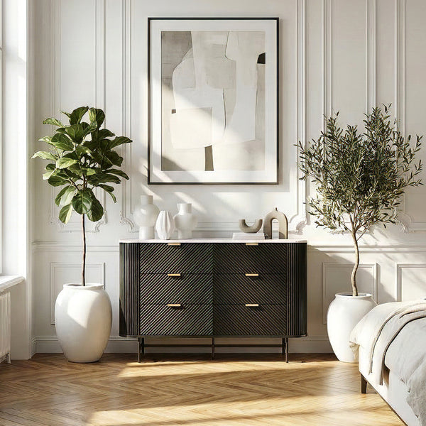 Comò a 6 Cassetti Olvehok Cassettiera 120 x 40 x 81 cm - Nero/Effetto Marmo Bianco [en.casa]