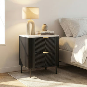 Set di 2 Comodini Olvehok con 2 Cassetti 55 x 52 x 38 cm - Nero / Effetto Marmo Bianco [en.casa] 