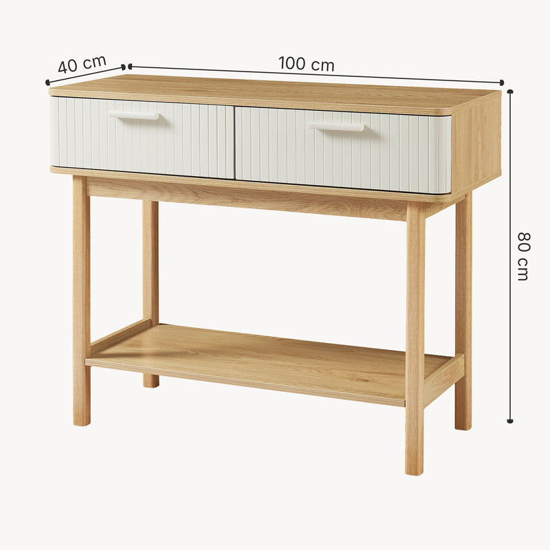 Schizzo in scala Tavolo a Consolle Ferrersp con 2 Cassetti e Ripiano 100 x 40 x 80 cm - Effetto Rovere / Avena Oatmeal [en.casa]