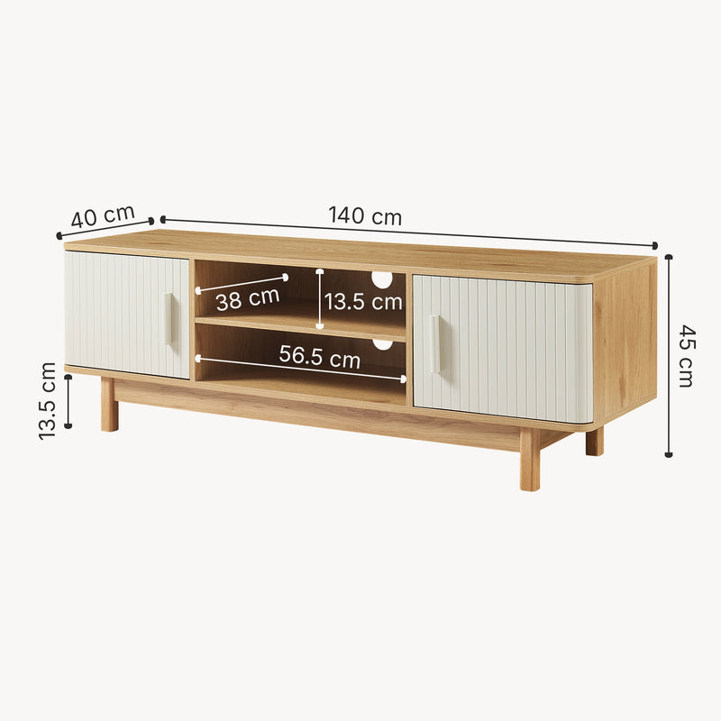 Schizzo in scala Mobile Porta TV Ferrersp a 2 Ante e Scomparti Aperti 140 x 40 x 45 cm - Effetto Rovere / Avena Oatmeal [en.casa]