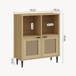Mobile Contenitore Lukhomso a 2 Ante con Inserto Intreccio e 4 Scomparti 85 x 75 x 30 cm - Effetto Rovere/Rattan [en.casa]