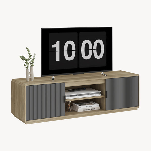 Mobile Porta TV Trömi a 2 Ante e Vani Aperti 150 x 40 x 43 cm - Effetto Rovere/Grigio [en.casa]