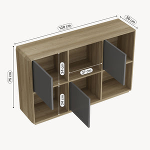 Credenza Trömi Mobile Buffet a 3 Ante e 6 Scomparti 75 x 120 x 30 cm - Effetto Rovere/Grigio [en.casa]