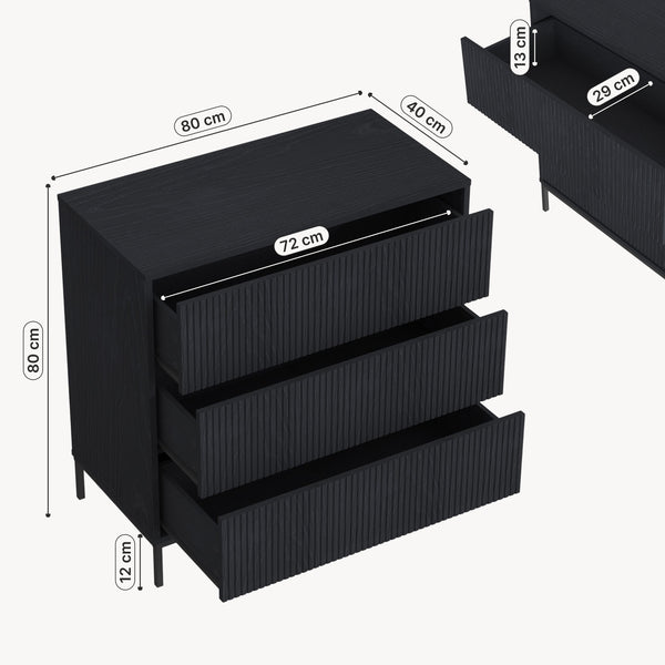 Cassettiera Nykapin Comò a 3 Cassetti 80 x 80 x 40 cm - Nero [en.casa]