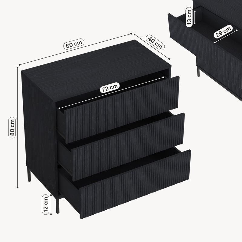 Schizzo in scala Cassettiera Nykapin Comò a 3 Cassetti 80 x 80 x 40 cm - Nero [en.casa]