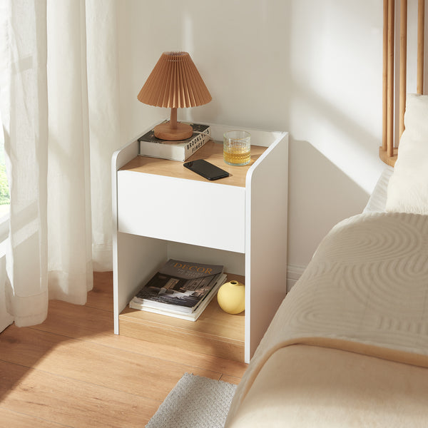 Comodino Kuorshare 55x42x37 cm Bianco/effetto quercia [en.casa]