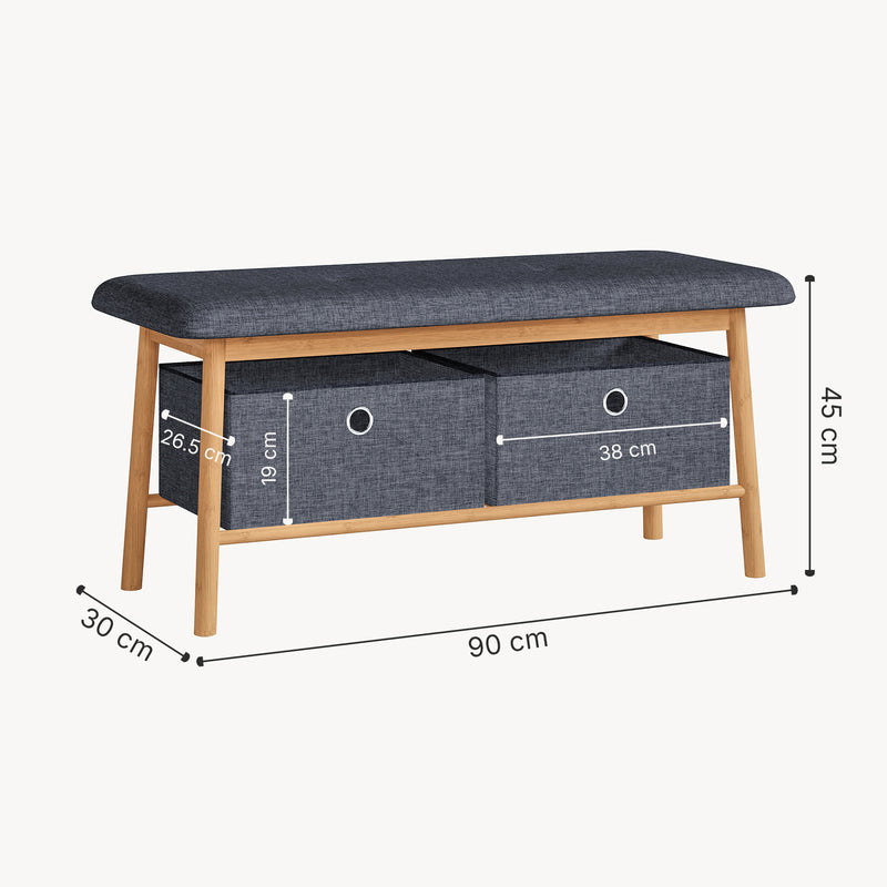 Schizzo in scala Panca da Scarpe Vad con Seduta Imbottita e 2 Contenitori in Tessuto 90 x 30 x 45 cm - Bambù Naturale / Grigio