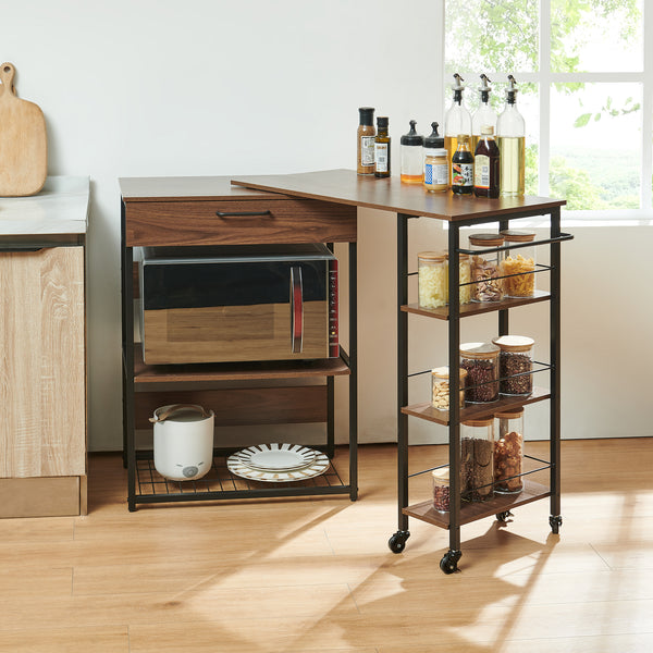 Scaffale da Cucina Kirhuskyna con Modulo Laterale Estraibile Girevole 130x40x85 cm Effetto Noce/Nero [en.casa]
