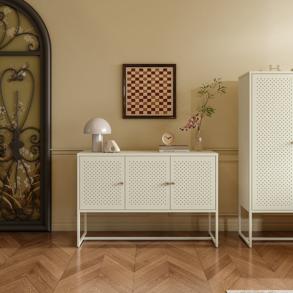Credenza Viitasaari Mobile Contenitore Stretto a 3 Ante con Ripiani 120 x 40 x 80 cm - Bianco Crema [en.casa]