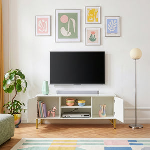 Mobile Porta TV Reyri a 2 Ante e 2 Vani Aperti 120 x 39 x 52 cm - Bianco/Dorato [en.casa]