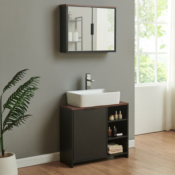 Mobiletto da Parete Trond con 2 Ante a Specchio Armadietto Pensile da Bagno 50 x 60 x 15 cm - Nero/Effetto Noce [en.casa]


