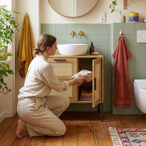 Mobile Sottolavabo Marhasa con Cassetto e 2 Scomparti 60 x 60 x 40 cm - Effetto Rovere/Rattan/Nero [en.casa]