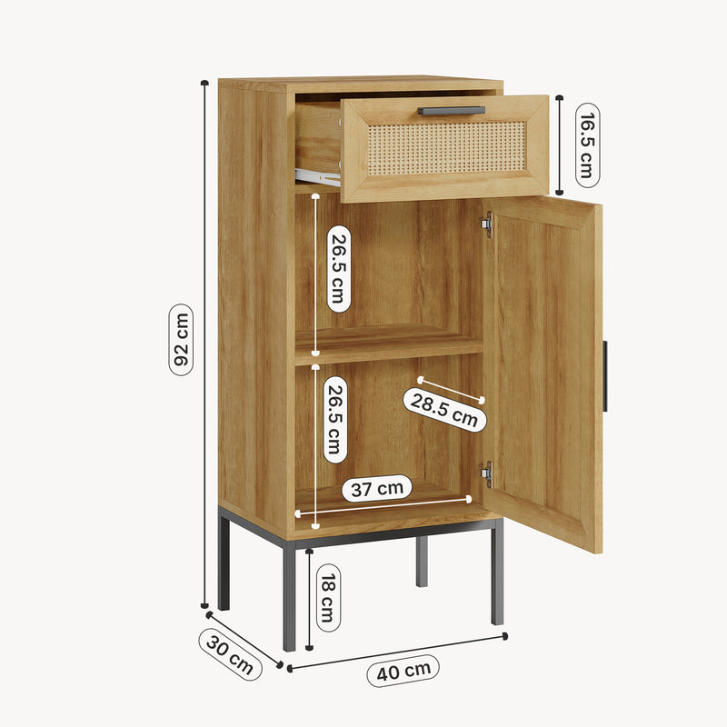 Schizzo in scala Mobile da Bagno Marhasa con Cassetto e Anta 92 x 40 x 30 cm - Effetto Rovere / Rattan / Nero [en.casa]