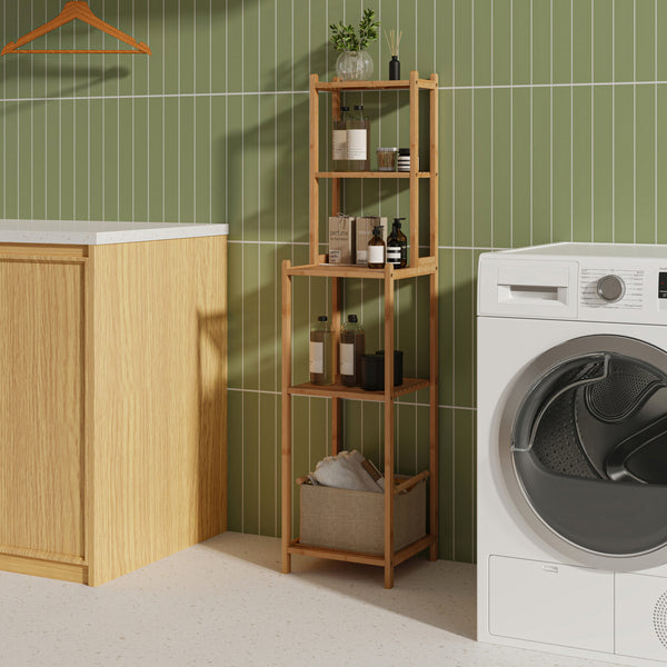 Scaffale da Bagno Anun in Bambù con 4 Scomparti Aperti 128 x 30 x 30 cm - Color Naturale [en.casa]

