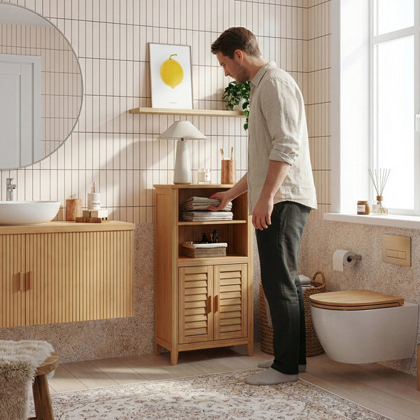 Mobile Contenitore Rirg a 2 Ante e Scomparti Aperti in Bambù Naturale 92 x 50 x 25 cm [en.casa]
