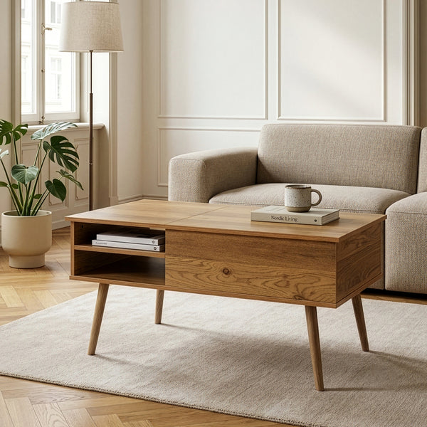 Tavolino da salotto Vasdabod con piano sollevabile 96x59x50 cm effetto quercia [en.casa]