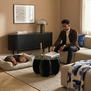 Tavolino Karhuvandi con piano in vetro Ø70x40 cm Nero/Grigio [en.casa]