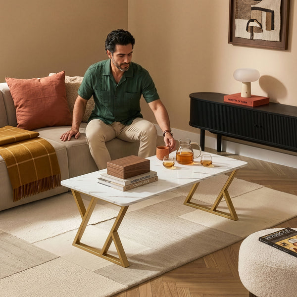 Tavolino da Caffè Nolu con Piano Rettangolare 120 x 60 x 46 cm - Effetto Marmo Bianco/Oro [en.casa] 
