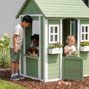 Casetta per bambini Kuoldsvin in legno di abete 144x102x90 cm Verde/Bianco [en.casa]