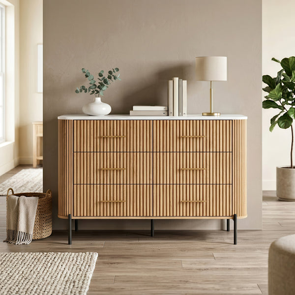 Cassettiera Comò a 6 Cassetti 120x42x78 cm Effetto Rovere / Effetto Marmo Bianco [en.casa] 