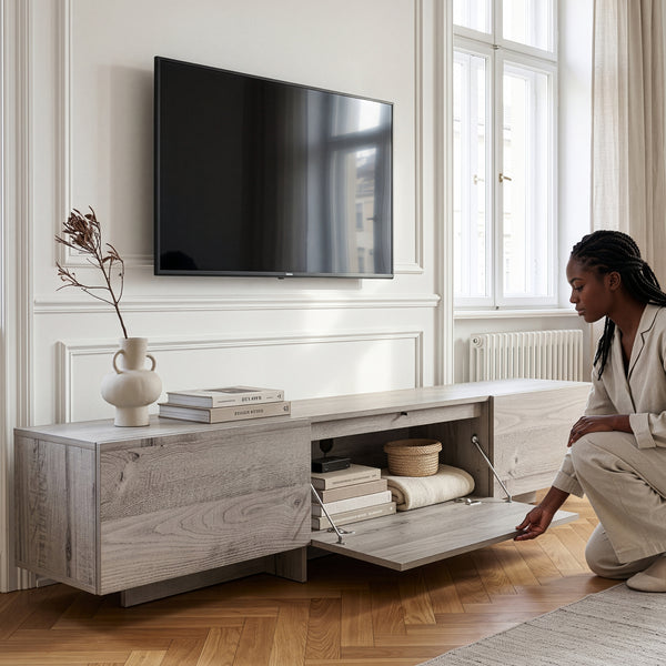 Mobile TV Kapipimso con 3 ante 194x31x37 cm effetto quercia, grigio [en.casa]