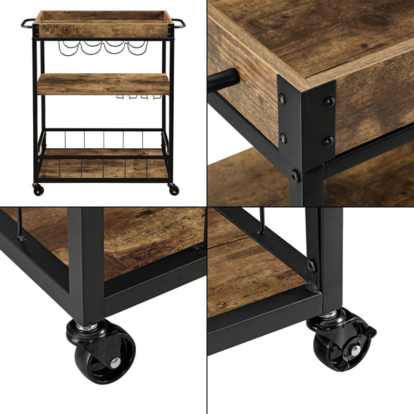 Carrello di Servizio con Vassoio Rimovibile e Ripiani in Color Legno Scuro Scaffale/Portavivande da Cucina/Mense con 4 Ruote Catering Ristorazione