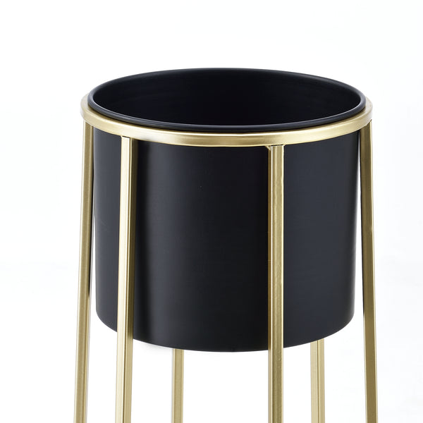 Set di 2 Portavasi in Metallo di Forma Rotonda Supporto in Color Oro per Piante in 2 Altezze Diverse con Coprivaso Nero