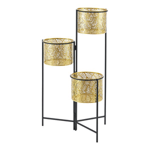 Porta Vasi da Interno Portapiante Stand per Piante con 3 Coprivasi Struttura Pieghevole Nero con 3 Porta Vasi Cilindrici in Altezze Diverse Color Ottone [en.casa]