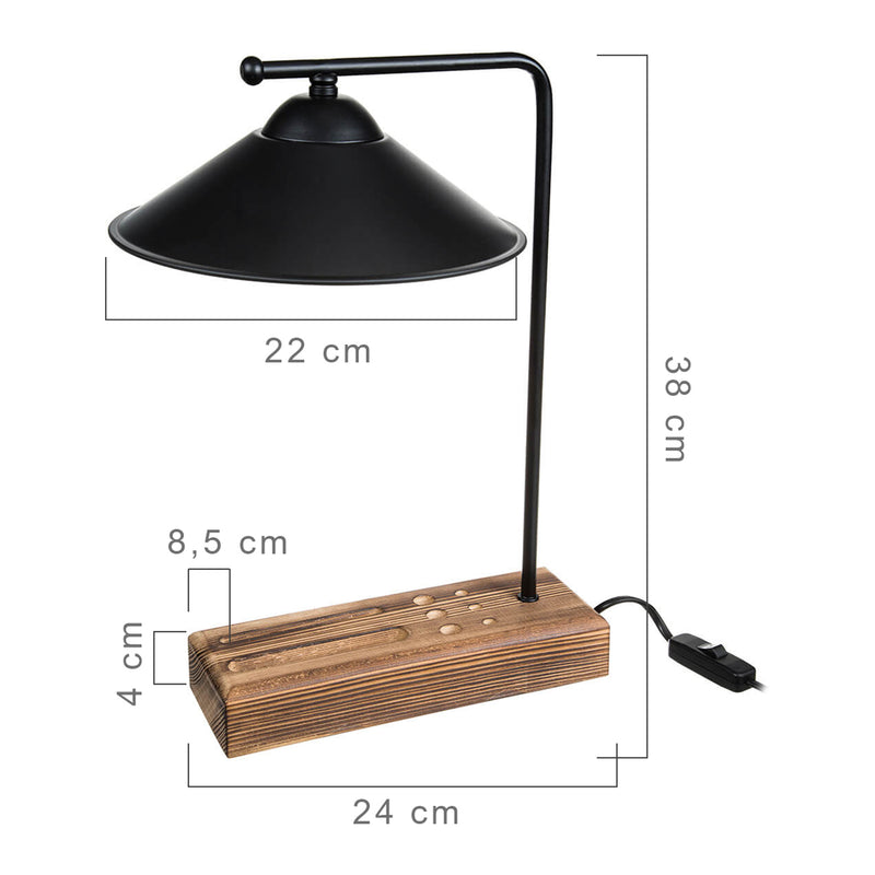 Schizzo in scala Lampada da Tavolo 'Folkestone' con Base Portapenne e Porta Cellulare e Paralume a Cono - Nero/Legno [lux.pro]
