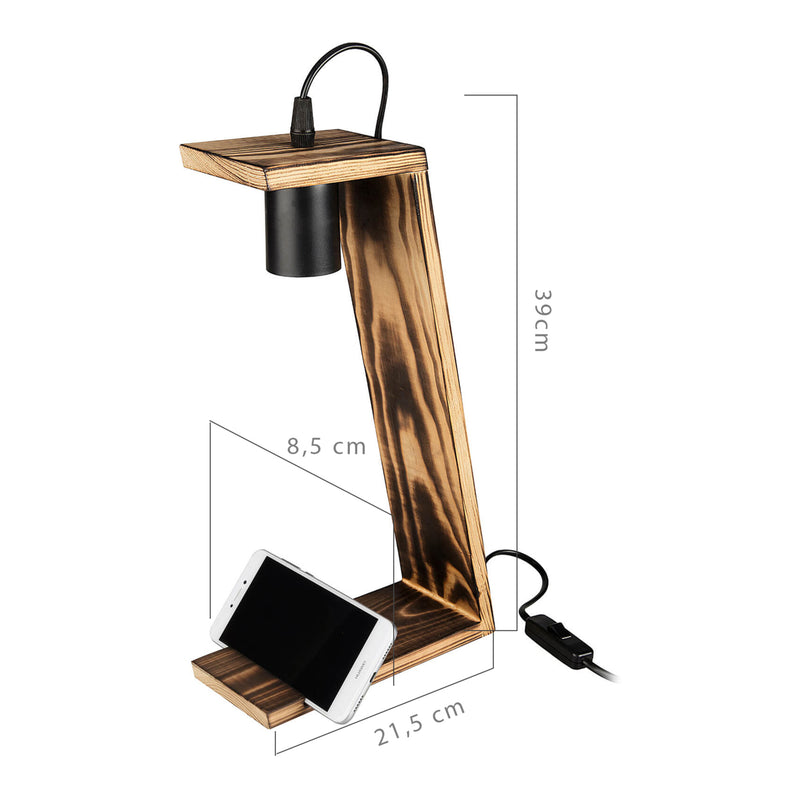 Schizzo in scala Lampada da Tavolo 'Gillingham' Senza Paralume Base in Legno con Porta Cellulare - Nero/Legno [lux.pro]