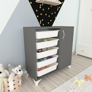 Armadio Basso da Stoccaggio 'Lødingen' con 5 Cesti Estraibili e Scomparti Chiusi con Sportello - Antracite / Bianco [en.casa] 