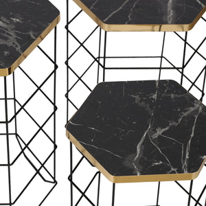 Set di tavolini Hørning set da 3 cestino in metallo nero / effetto marmo [en.casa]